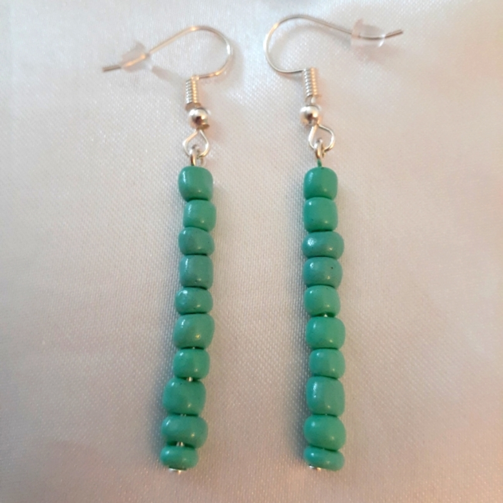 Stacked Turquoise seed bead Dangle Earrings Silver Plated Hook handmade beaded